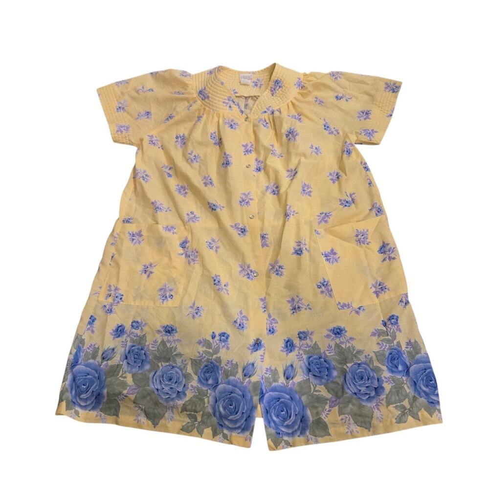 Vintage Women’s 2X Simply Basic Housedress coat Snap Floral Cottage Yellow Blue